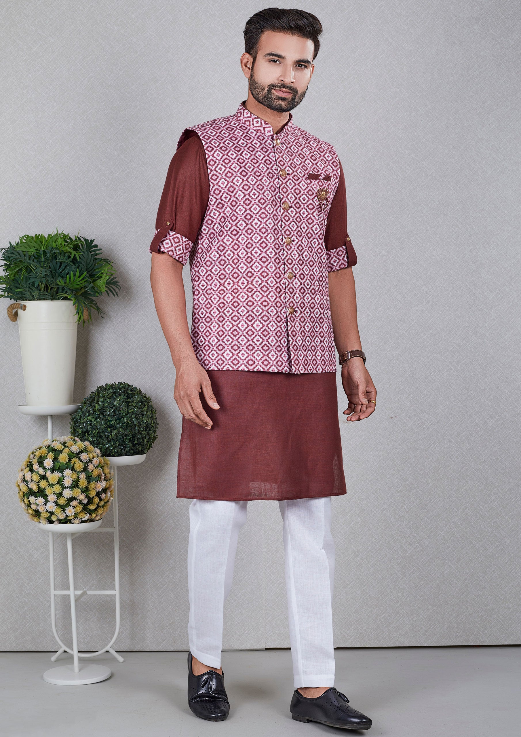 Brown Color Jacquard Silk Kurta With Printed Nehru Jacket